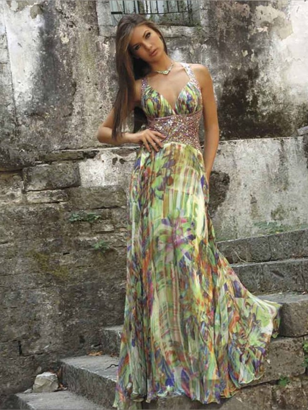 Jovani Multicolor Beaded Halter Maxi Dress in Green, Purple and Orange